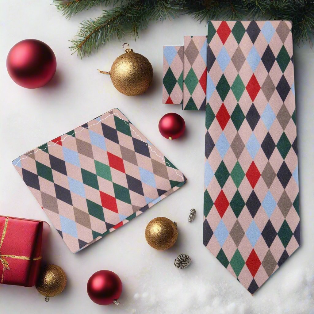 Stylish man pairing Christmas diamond necktie with navy suit for winter event