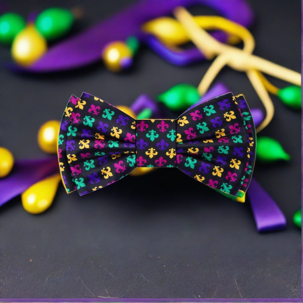 Fleur-de-Lis Silk Bow Tie with vibrant colors displayed on a mannequin.
