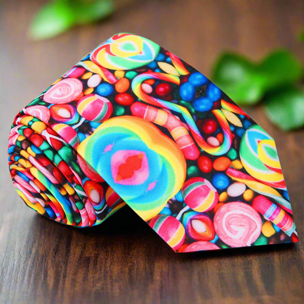 Candy Delight Silk Necktie showcasing hard candy pattern and vibrant colors.