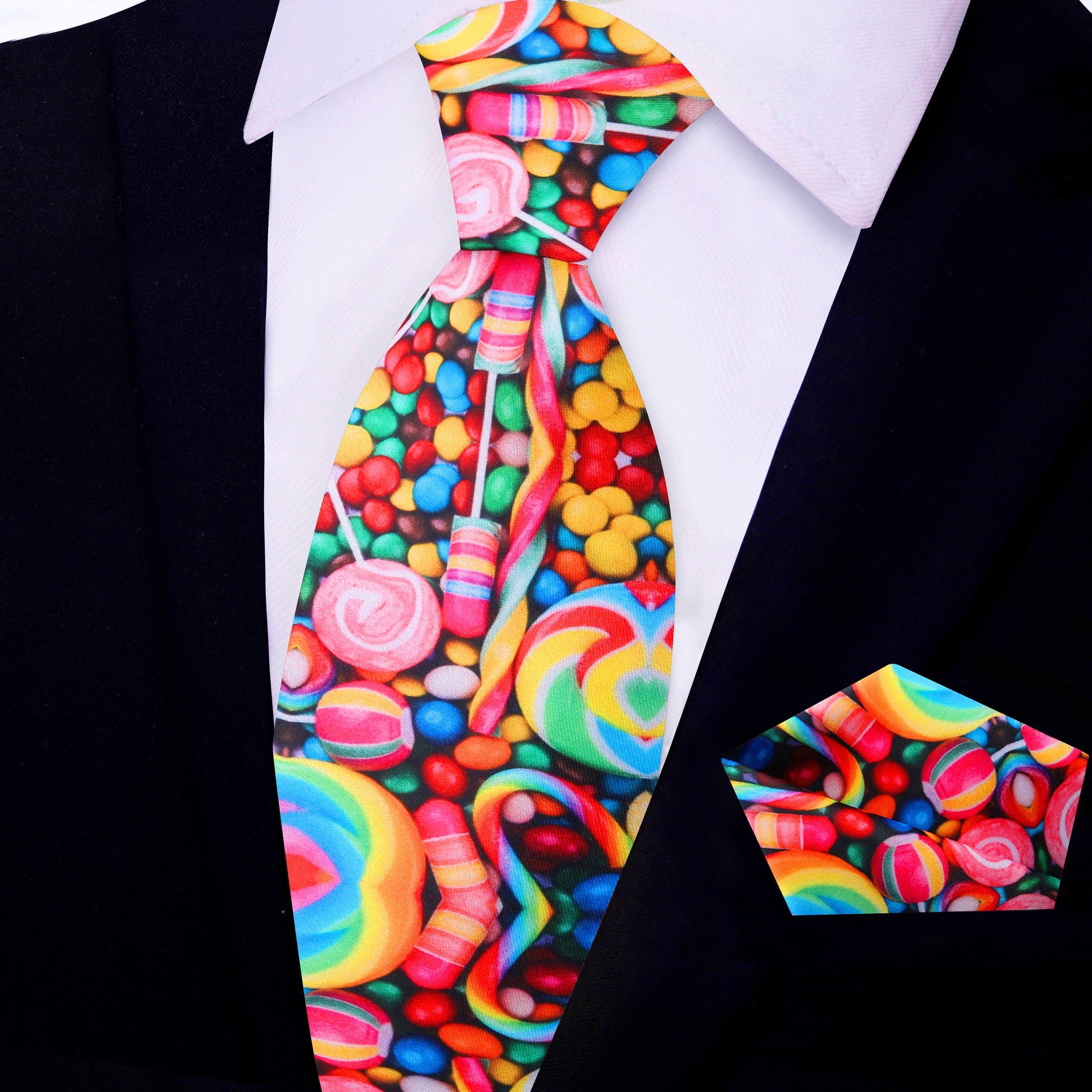 Candy Delight Silk Necktie styled with a charcoal suit, highlighting its playful design.
