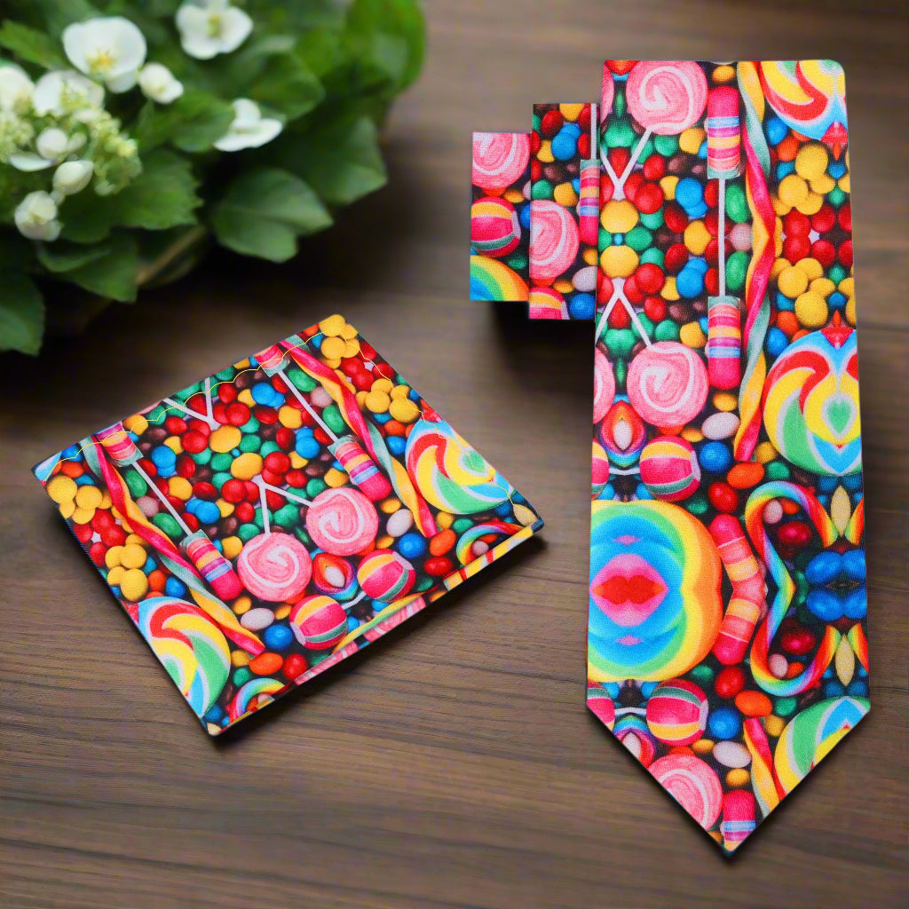 Close-up of Candy Delight Silk Necktie paired with matching pocket square for a polished look.