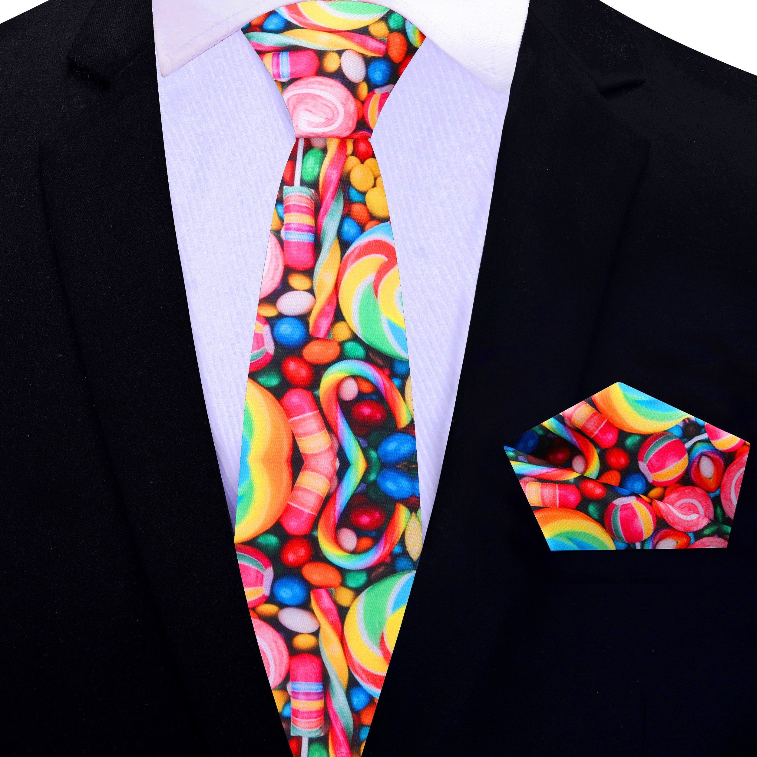 Candy Delight Silk Necktie showcasing hard candy pattern and vibrant colors.