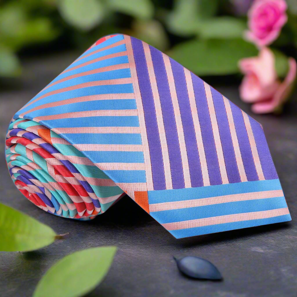 Elegant pastel dreamsicle silk necktie with intersecting lines, ideal for weddings and formal occasions