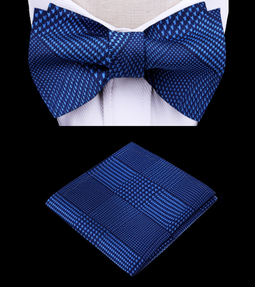 Close-up of kids bow tie and pocket square set in deep blue plaid