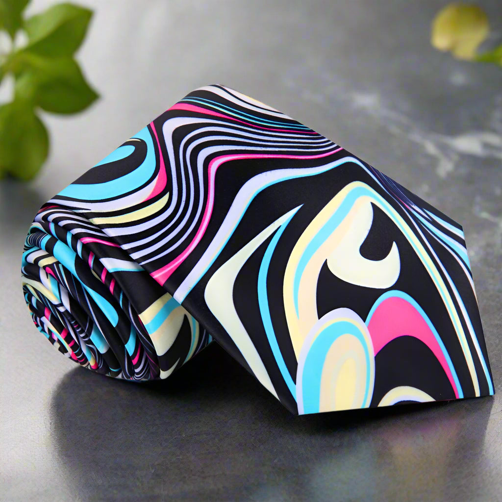 Close-up of vibrant abstract swirling necktie showing colorful pattern