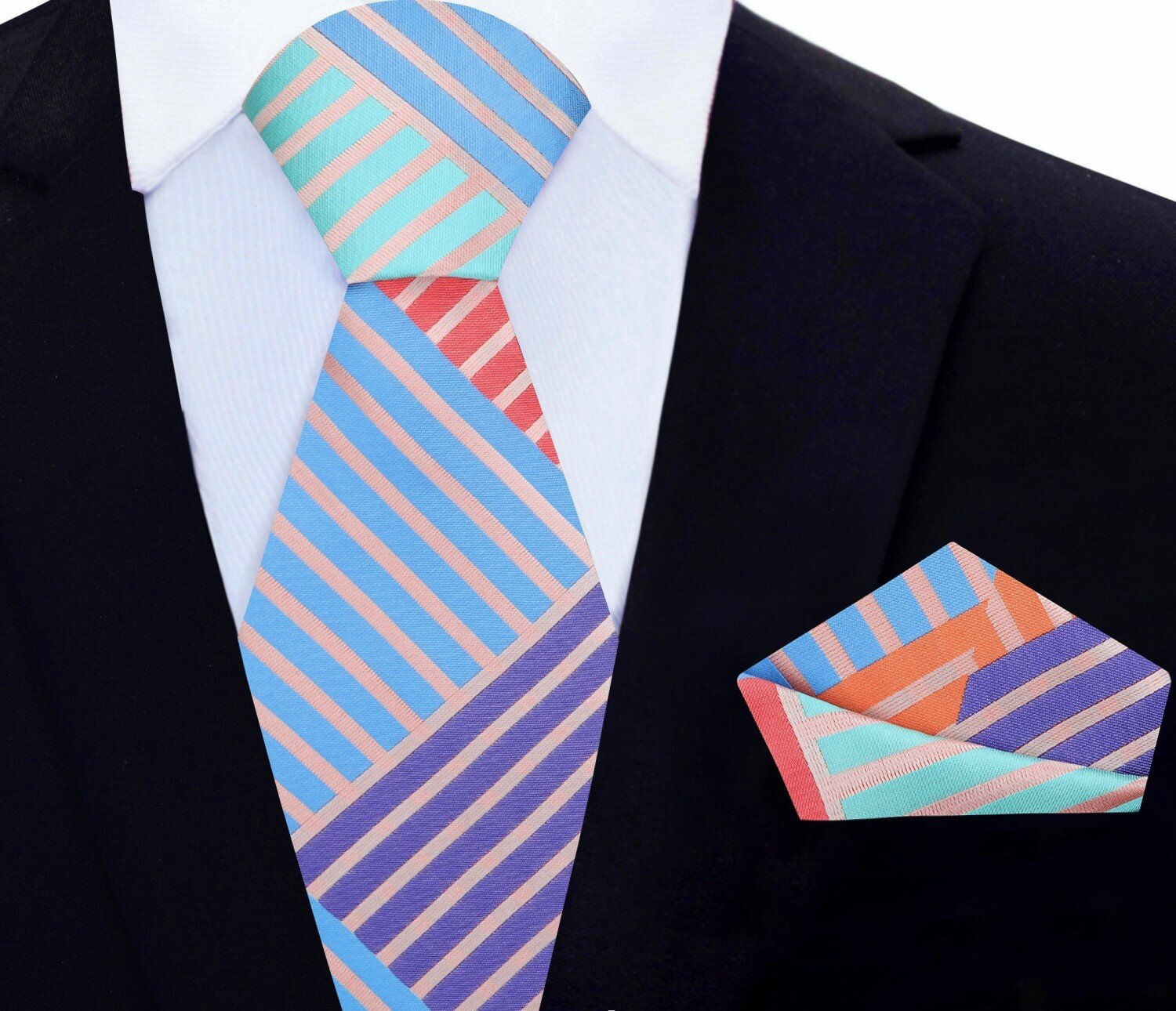 Close-up shot highlighting the vibrant colors and geometric pattern of the pastel tie