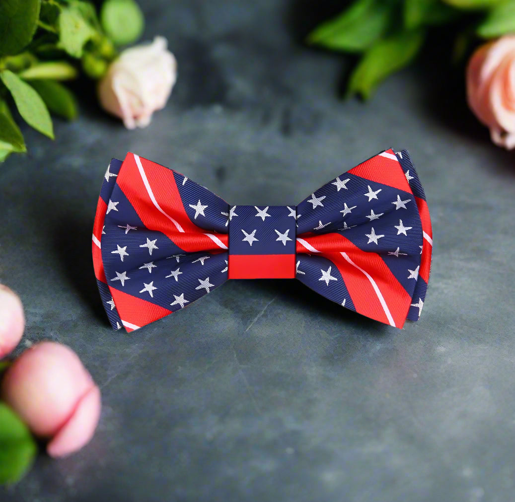 Close-up of the American flag bow tie showing the intricate star and stripe pattern, perfect for patriotic occasions.