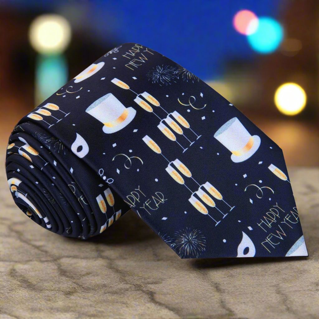 Close-up of luxury silk necktie with champagne and mask motifs for festive occasions