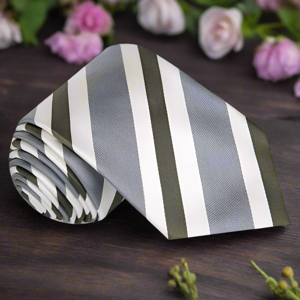 Elegant striped necktie in blue, black, and white for professional occasions