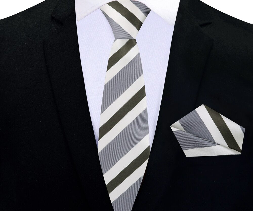 Elegant mens silk tie with blue and white stripes, suitable for business attire