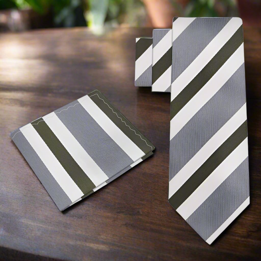 Matching pocket square with stripe pattern, perfect for formal occasions