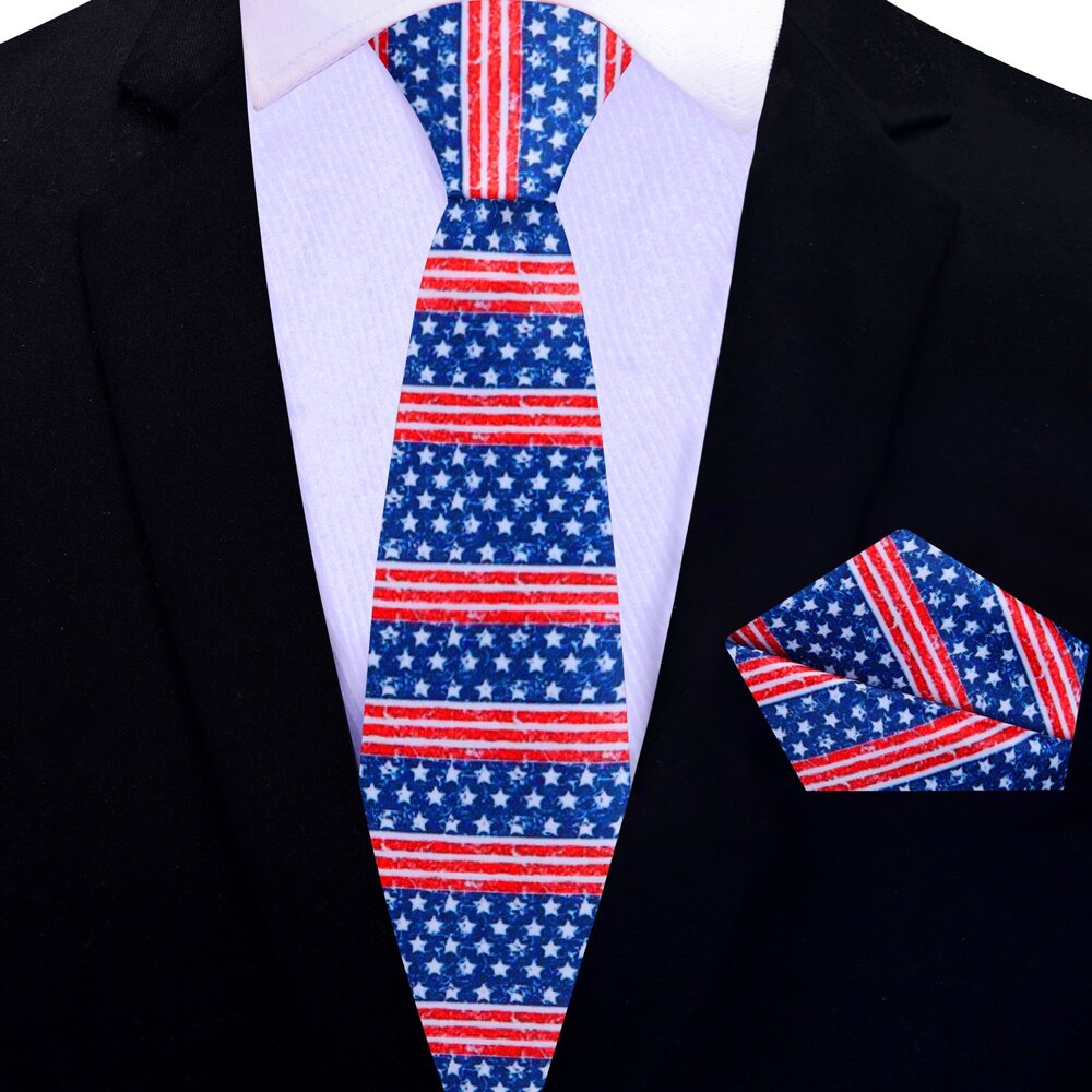 Close-up of patriotic American flag necktie with stars and stripes pattern