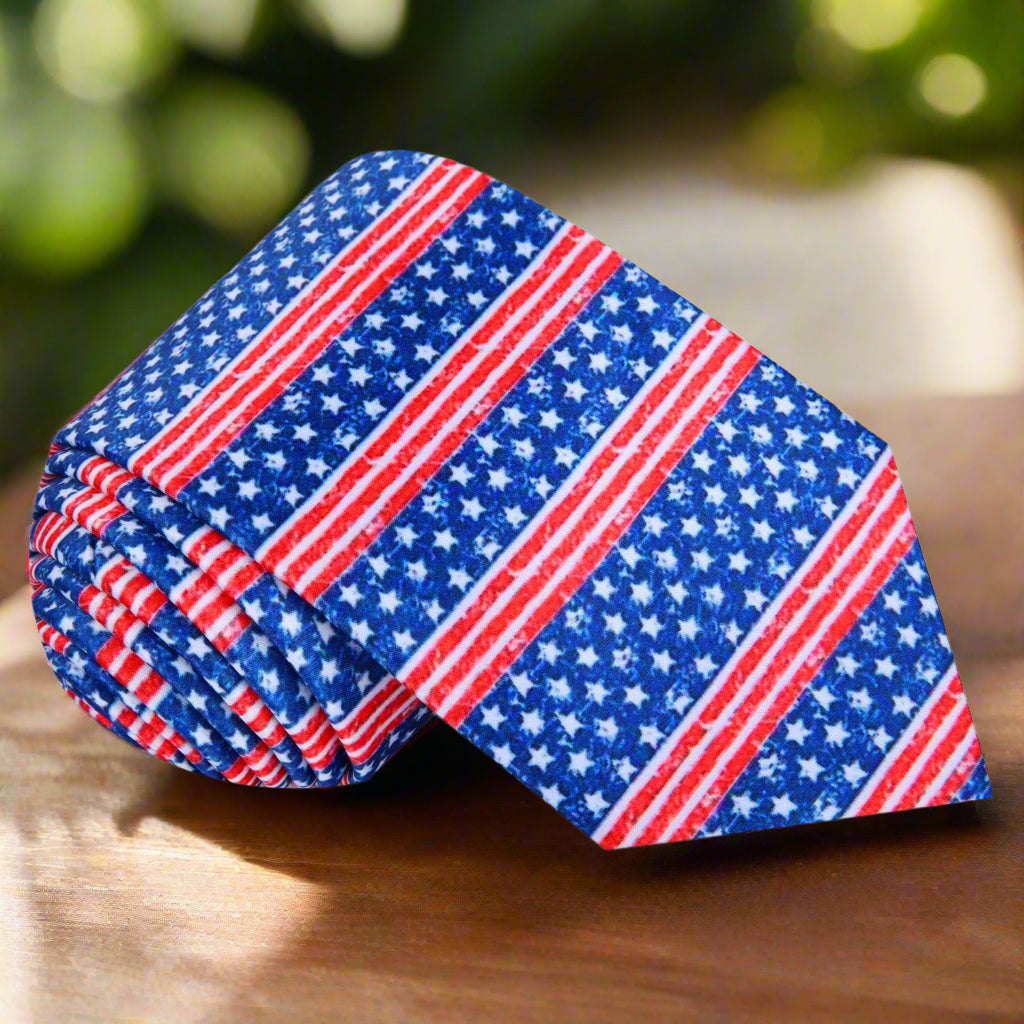 Close-up of patriotic American flag necktie with stars and stripes pattern