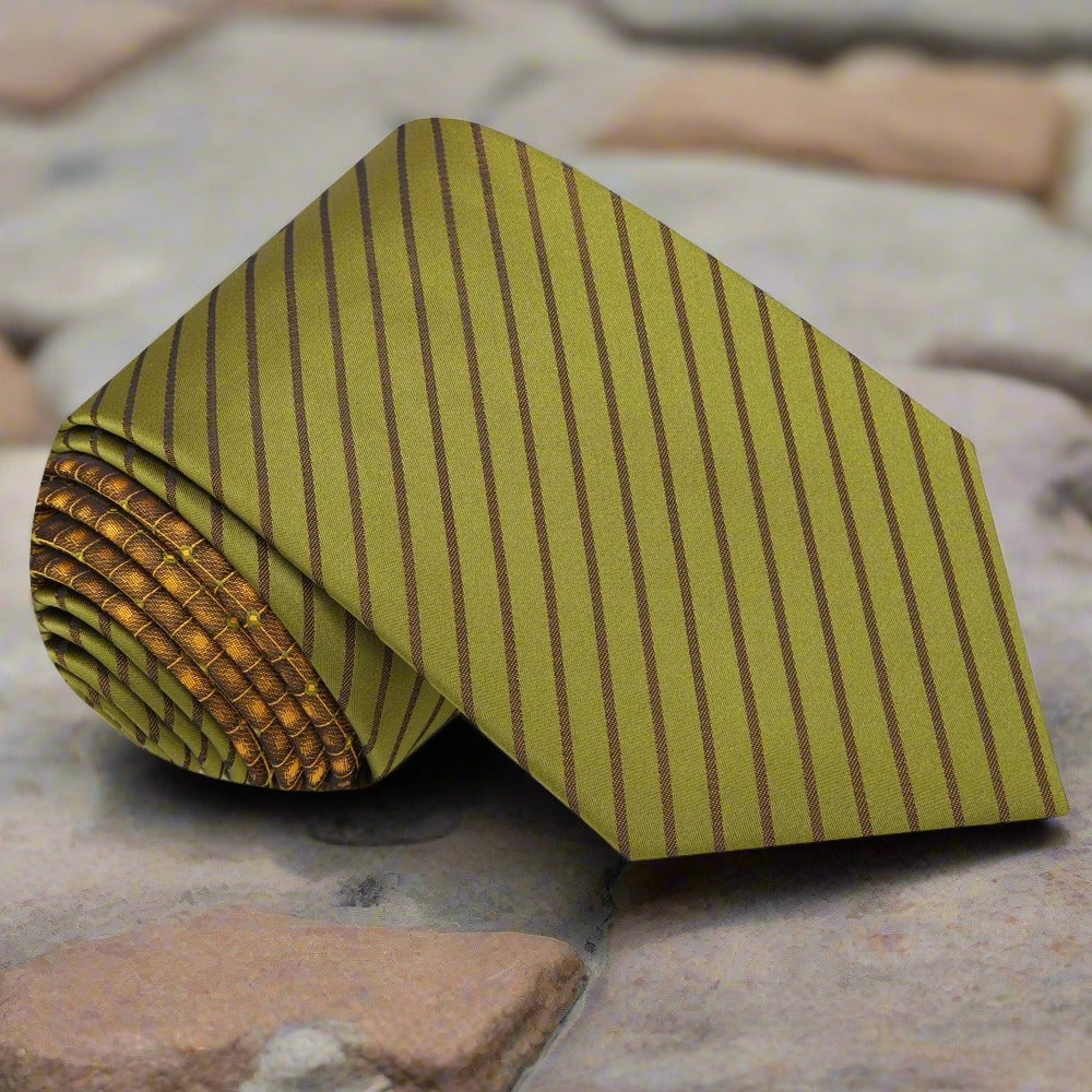 Olive brown silk tie with gold pinstripes and matching pocket square