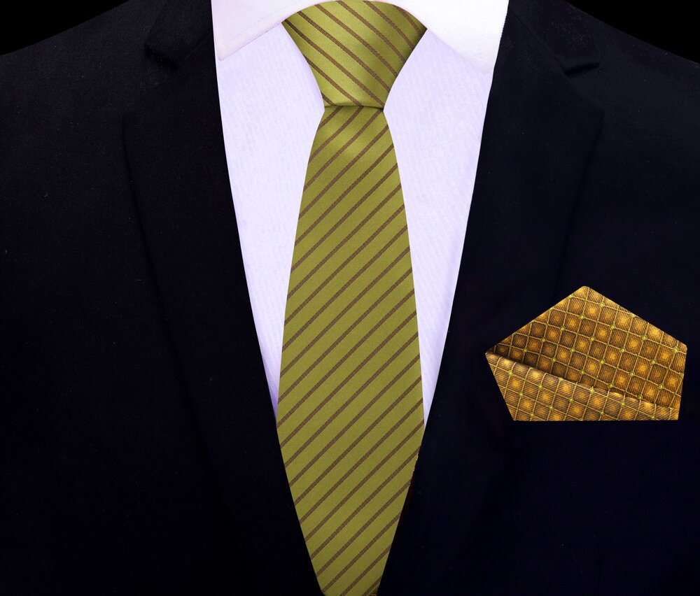 Close-up of a yellow striped necktie with purple pinstripes, highlighting the fine silk fabric and pattern detail.