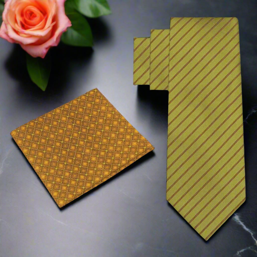 Man wearing a yellow striped tie with purple accents paired with a navy suit for a wedding or business meeting.