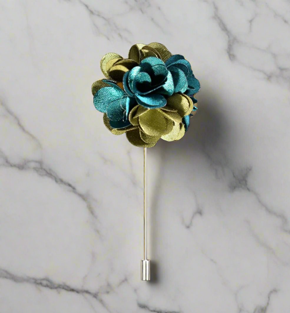 Model wearing large leaf lapel pin for coats, demonstrating style and versatility