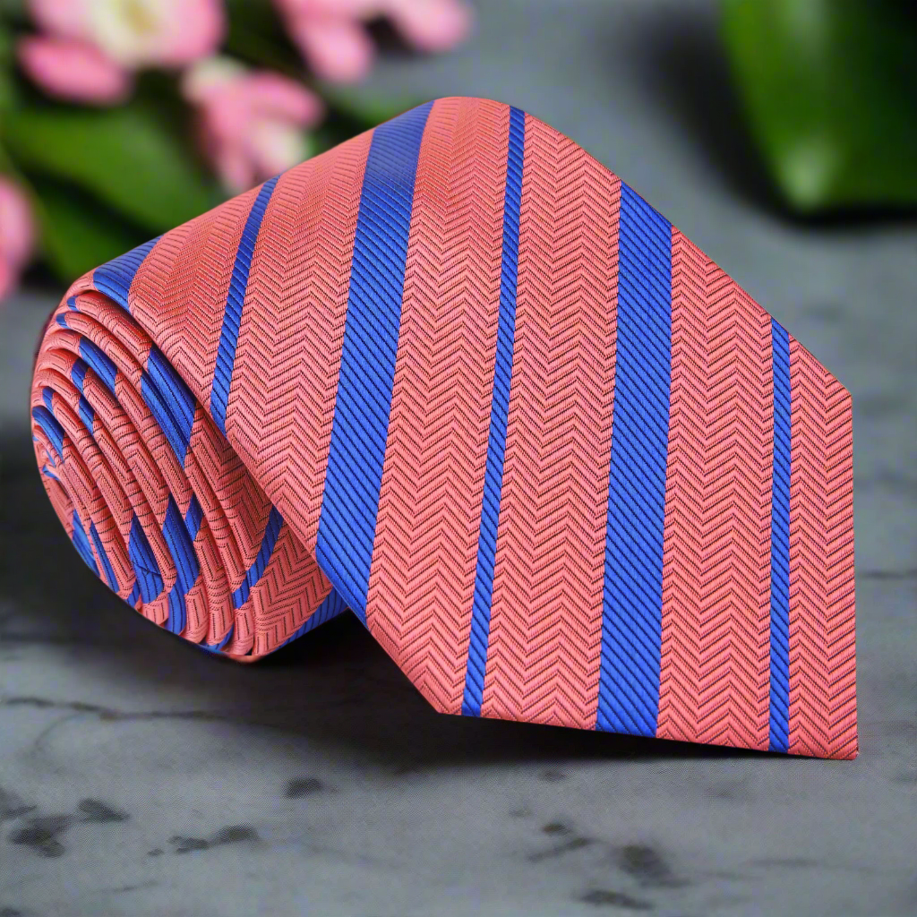 Men's silk tie with bold stripe pattern suitable for weddings and business events