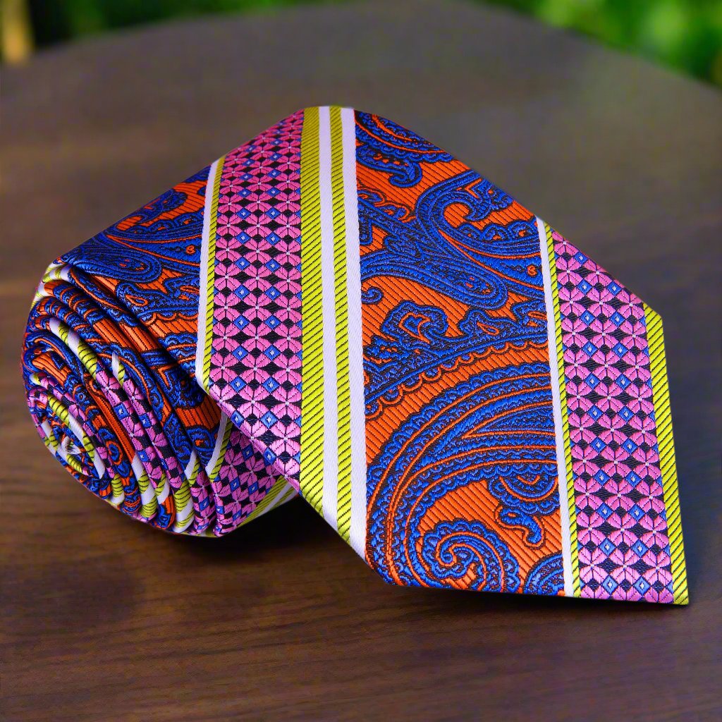 Close-up of the elegant purple paisley silk tie, showcasing the intricate design.