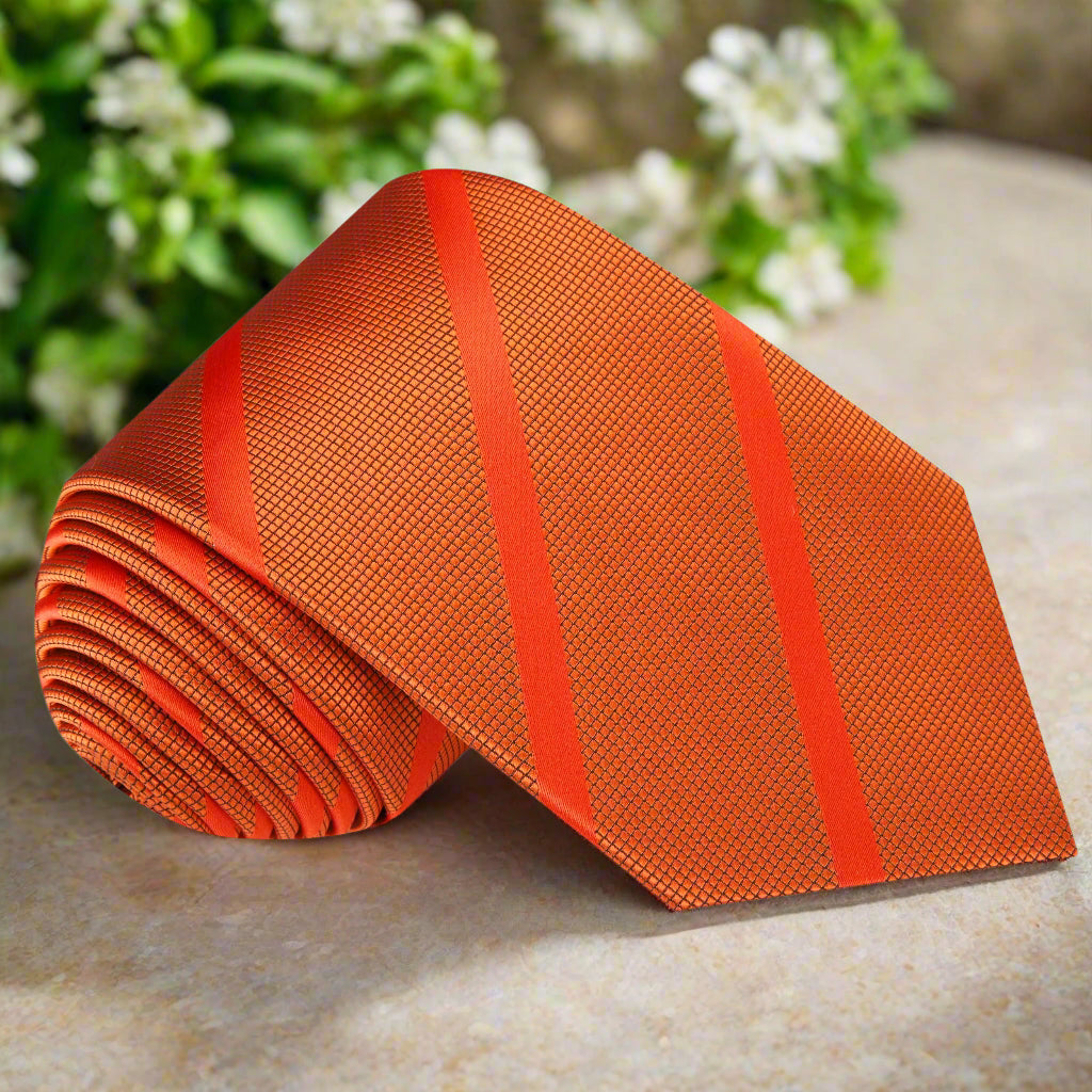 Orange silk necktie with stripe pattern for men, ideal for weddings and business