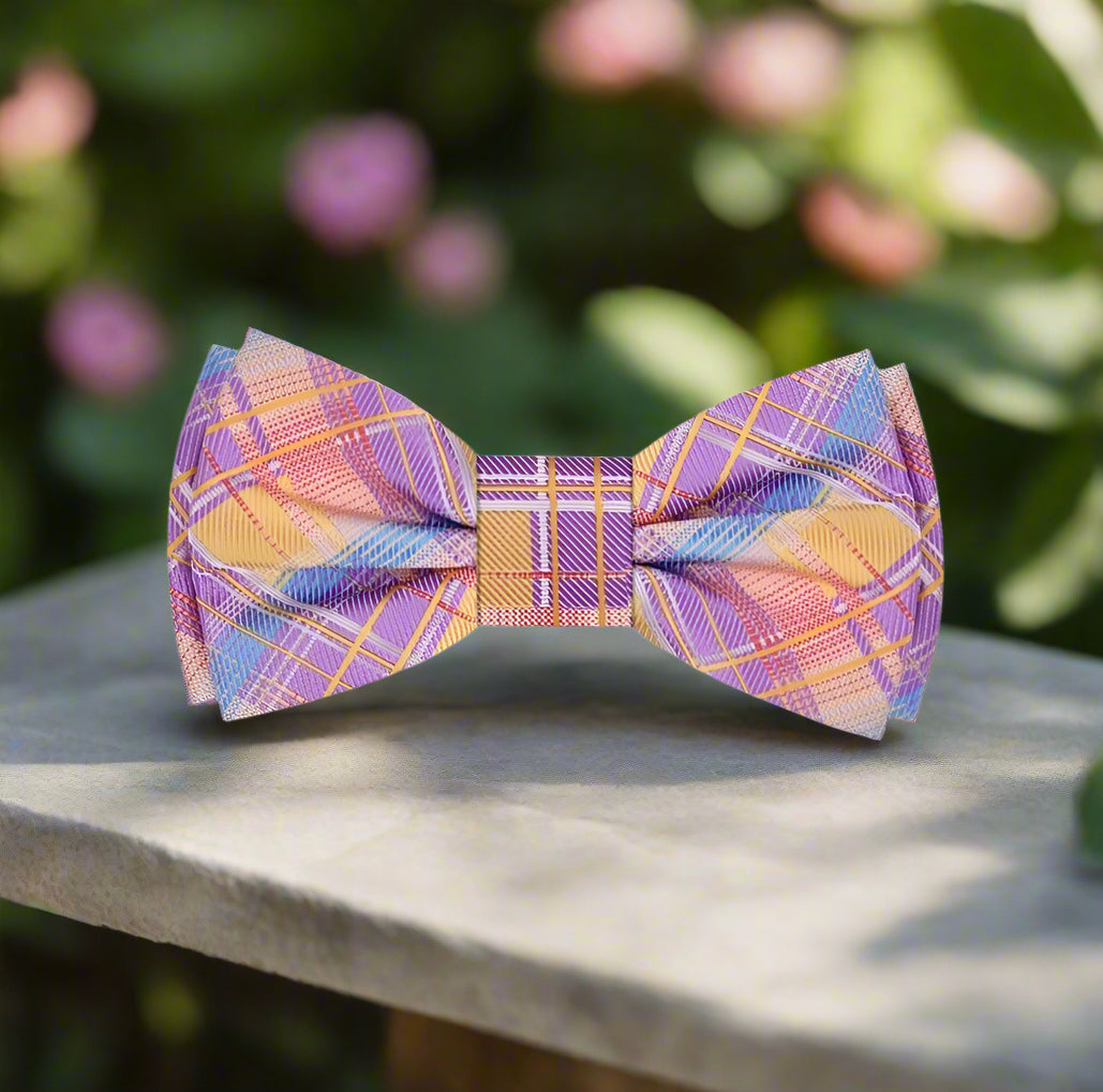 Vibrant plaid bow tie in orange, blue, and purple for mens formalwear