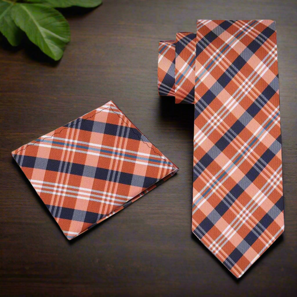 Vivid orange and blue plaid silk necktie styled for wedding attire
