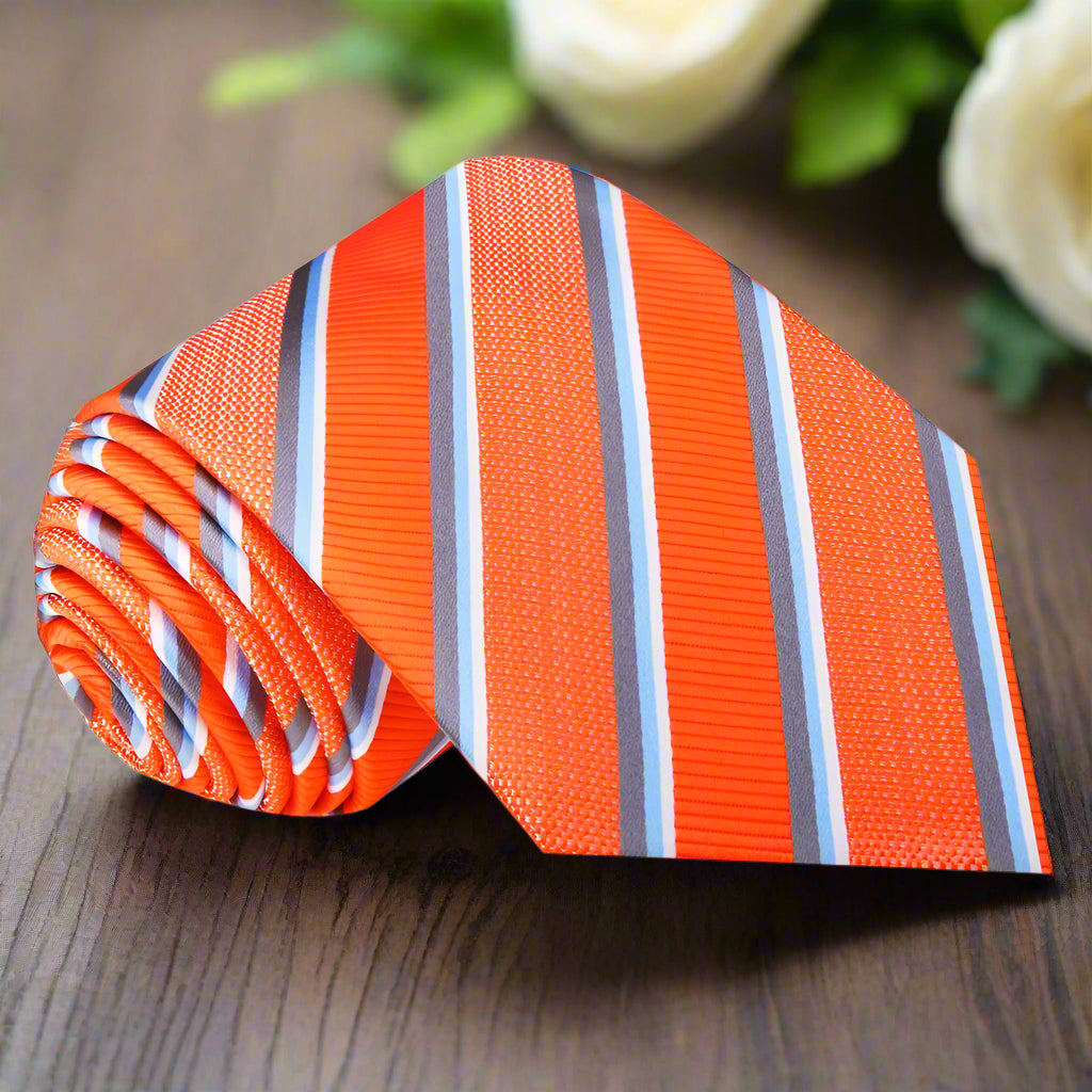 Mens striped silk tie in blue with grey, suitable for formal occasions.