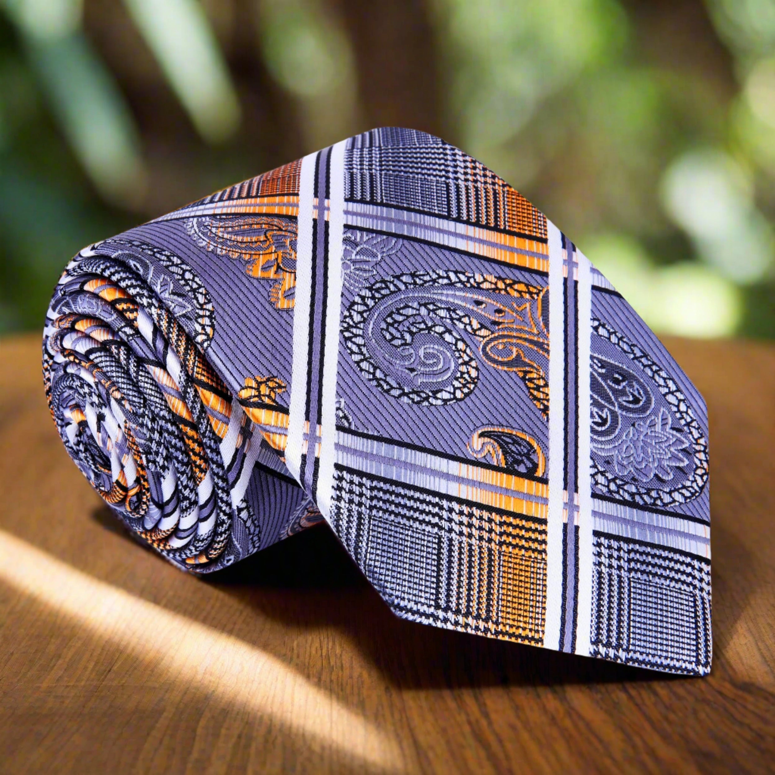 Close-up of vibrant paisley silk necktie showcasing silver, orange, and black hues.