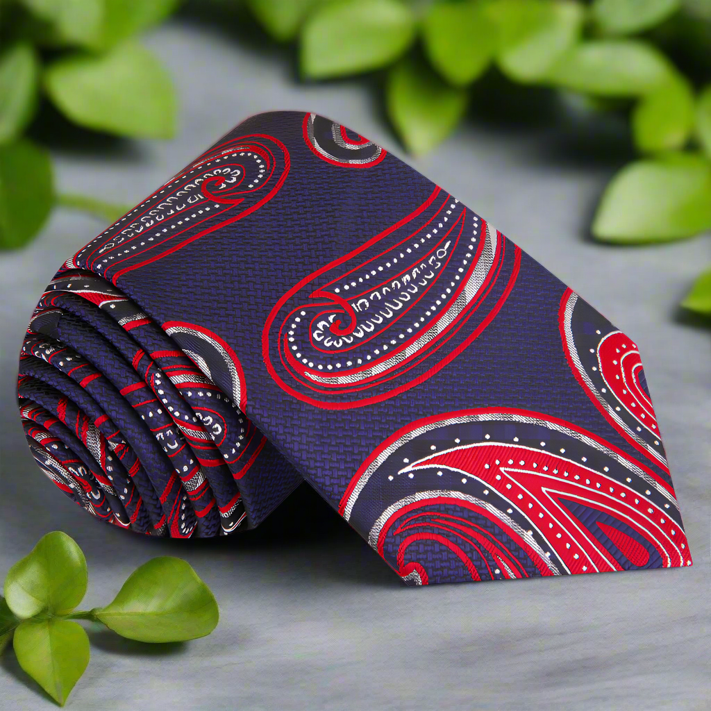 Close-up of men's silk paisley tie displaying intricate pattern and vibrant colors
