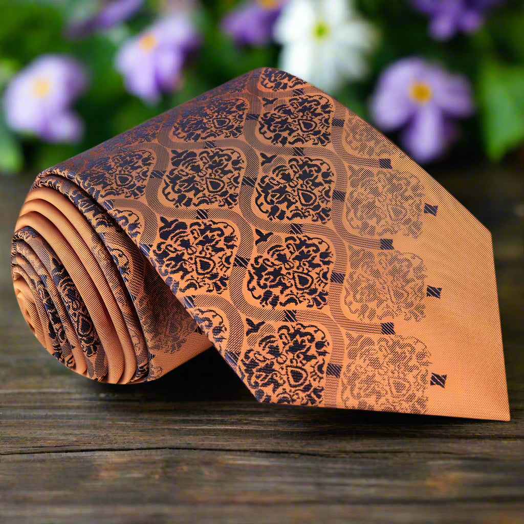 Close-up of the Abstract Copper and Blue Silk Tie showcasing intricate details and vibrant colors.
