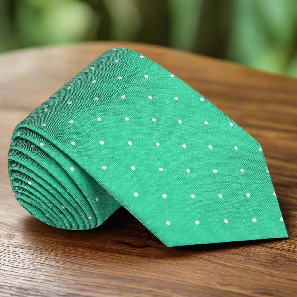 Green silk necktie displayed with a light blue dress shirt, highlighting its versatility.