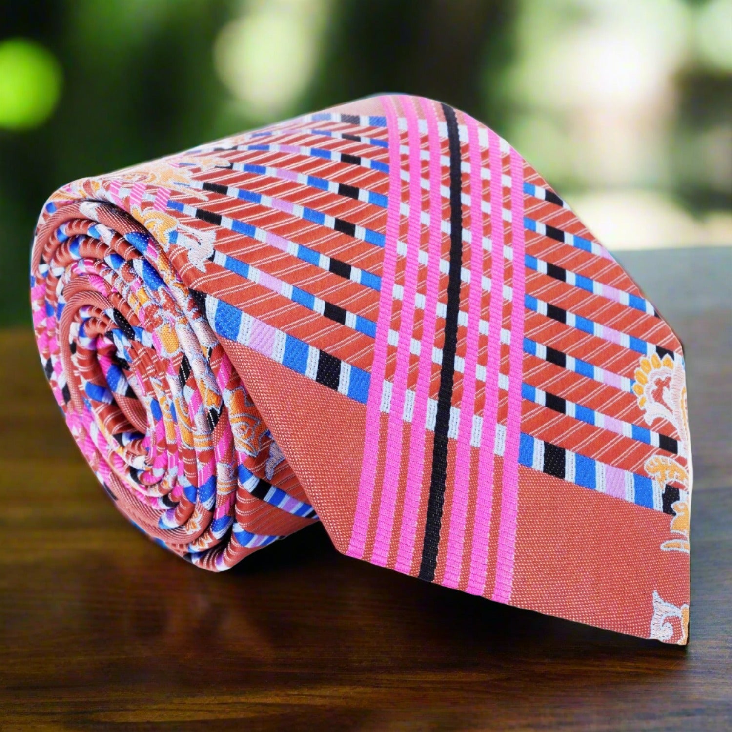 Close-up of vibrant paisley silk tie with stripe pattern for formal wear