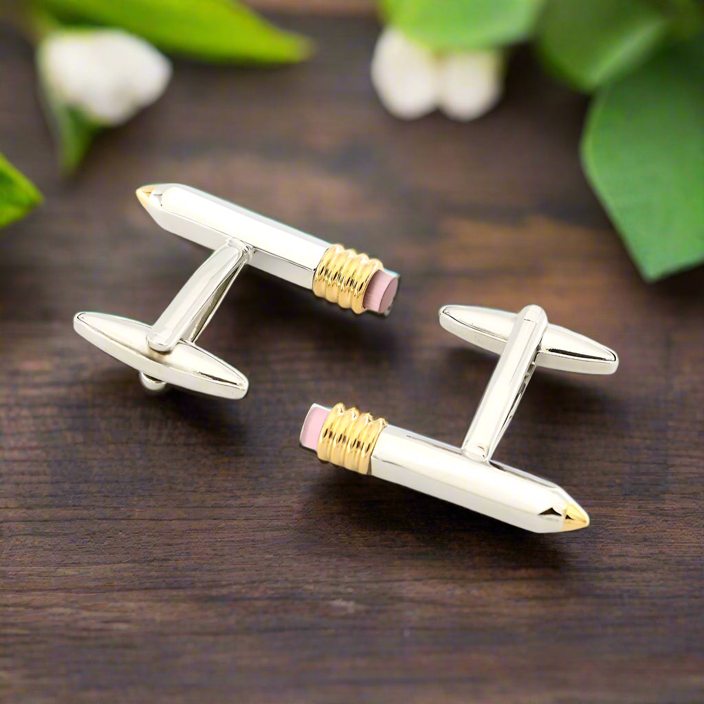 Close-up of Literary Elegance Fountain Pen Cufflinks showcasing blue enamel and chrome accents.