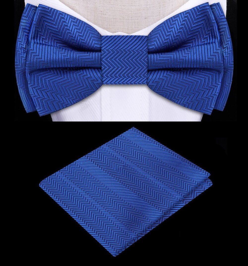 Front view of kids pre-tied blue bow tie and children's pocket square set laid flat