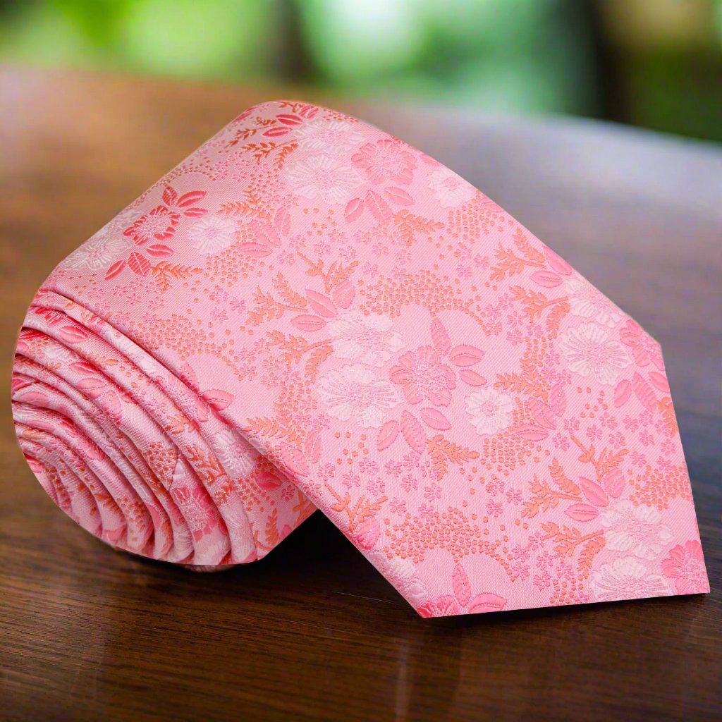 Close-up of the Elegant Floral Pink Necktie with intricate floral designs.