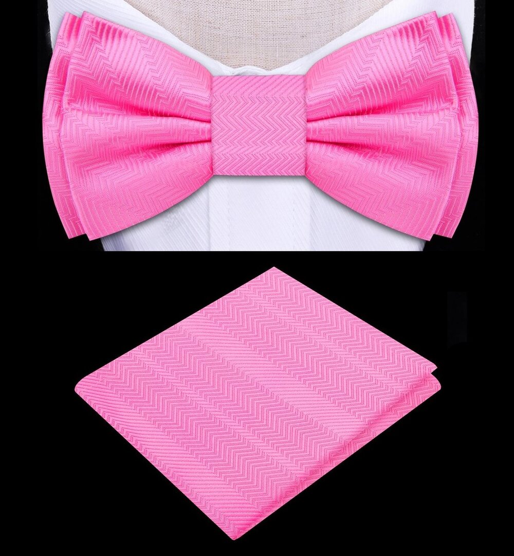 Front view of kids pink bow tie and pocket square set displayed on white background