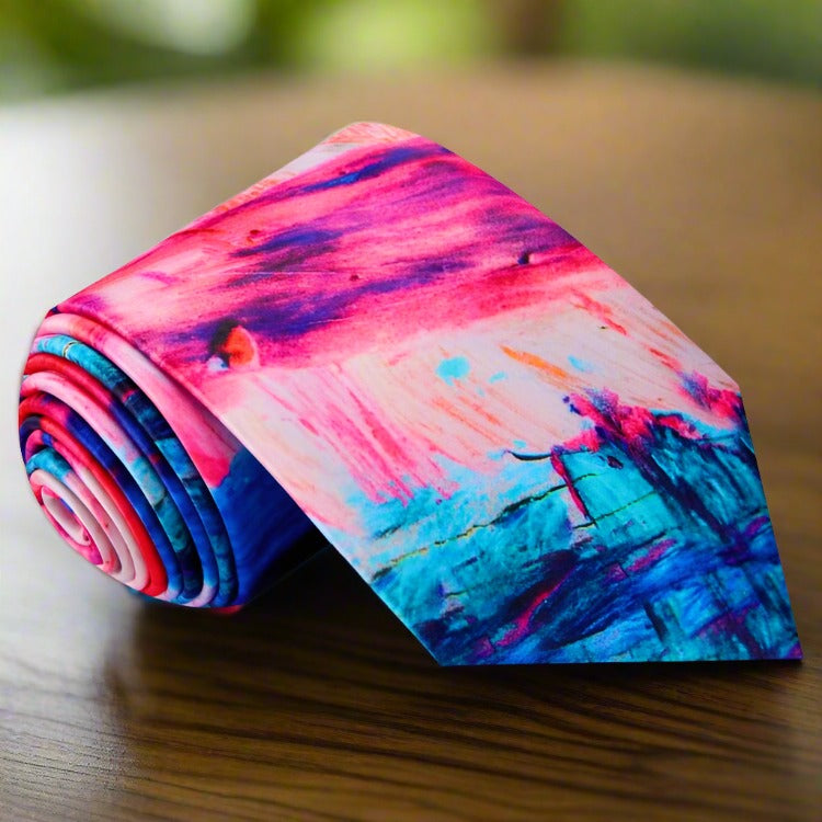 Elegant silk tie displayed with a matching pocket square, highlighting its vibrant colors and quality fabric.