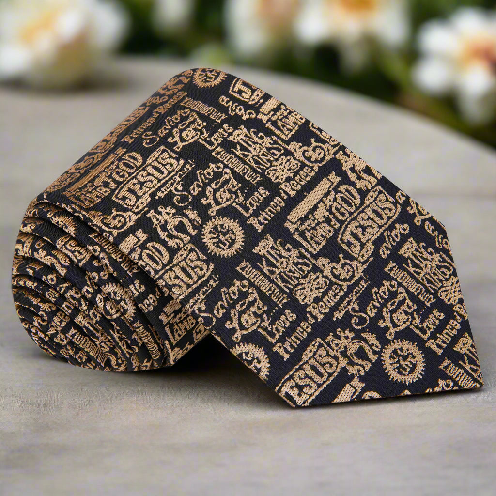 Divine Harmony Jesus necktie displayed against a crisp white shirt, showcasing its intricate design.