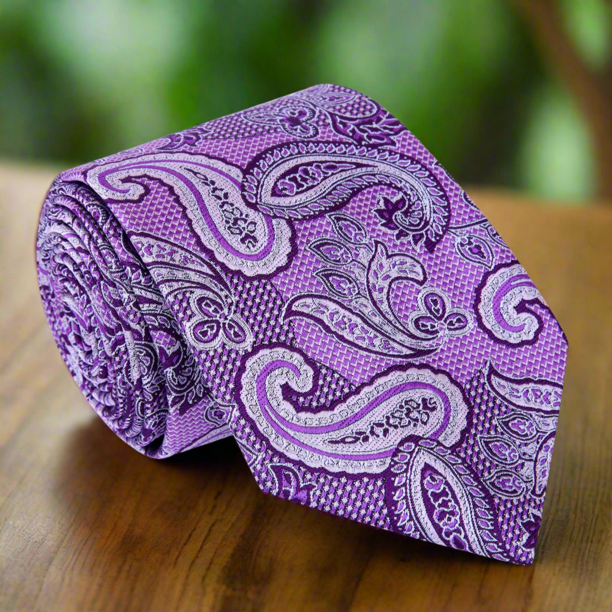 Close-up of the red paisley necktie showcasing intricate patterns and rich colors