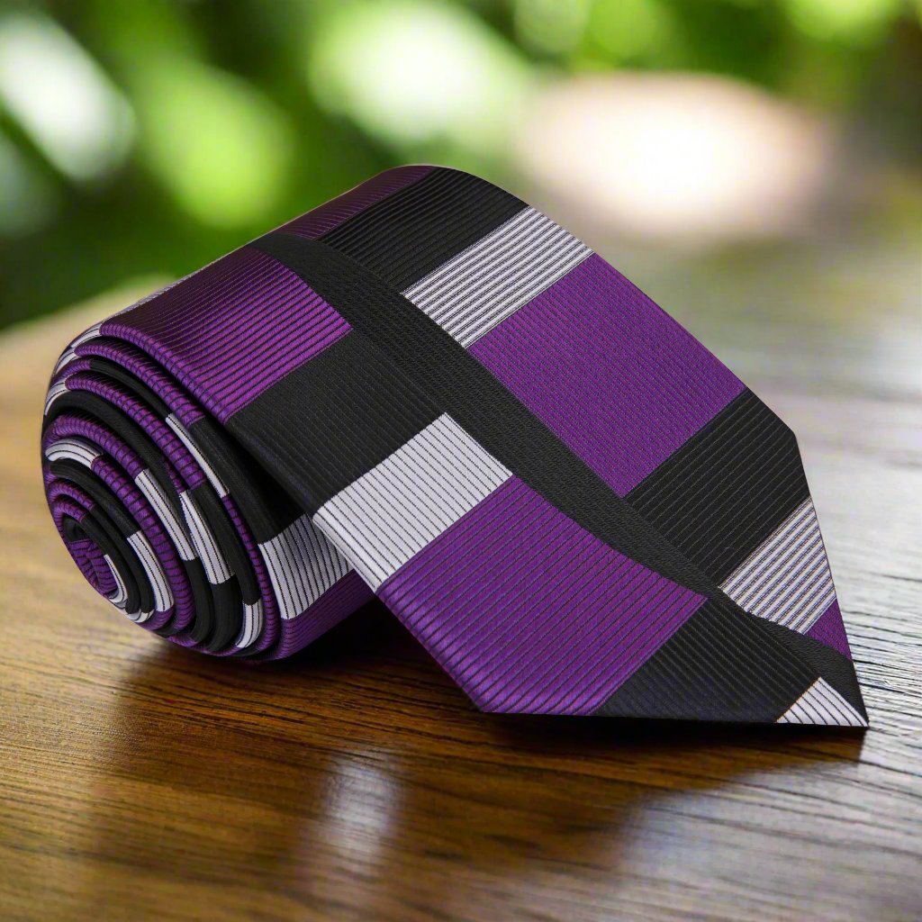 Close-up of abstract pattern silk tie in purple and black for formal occasions