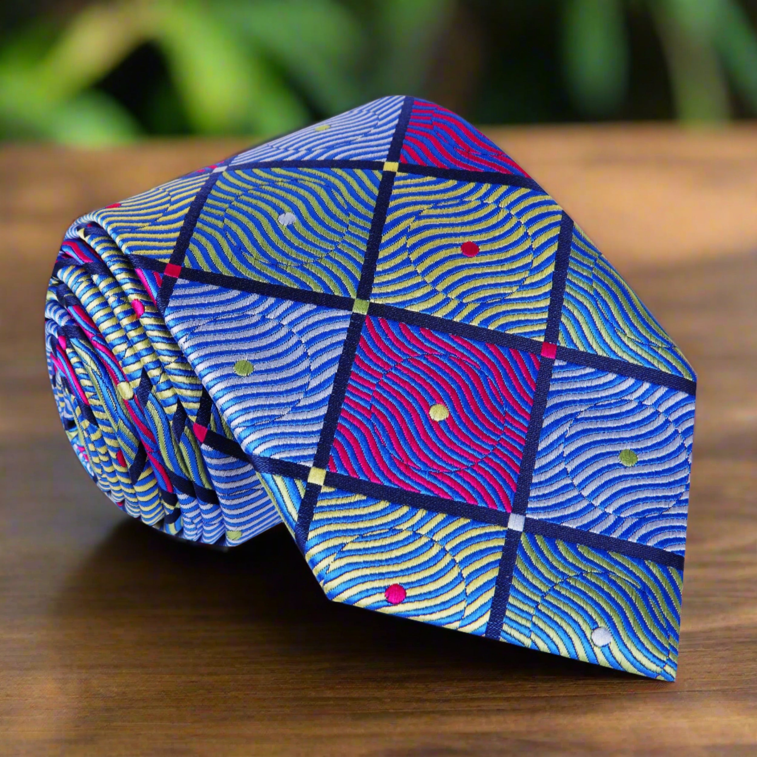 Close-up of the geometric silk necktie showcasing its bold diamond pattern in vibrant colors.