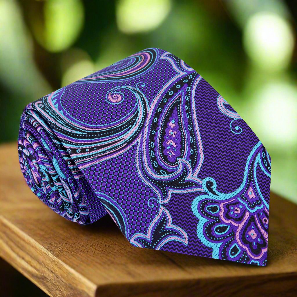 Elegant pink paisley silk necktie draped on a white dress shirt, showcasing its intricate patterns.