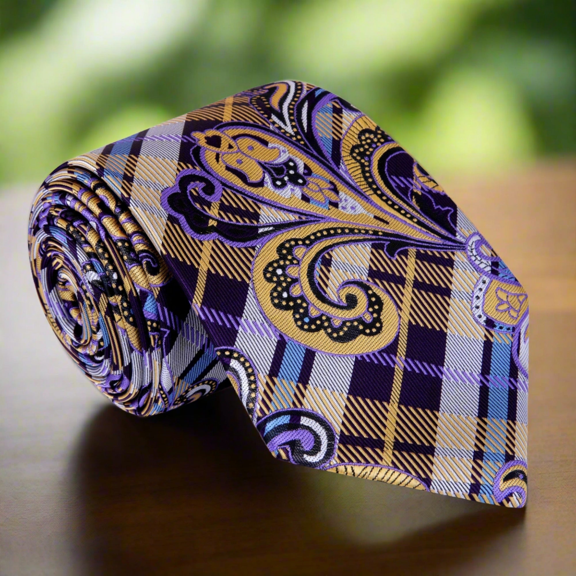 Close-up of vibrant paisley silk necktie showcasing its intricate patterns.