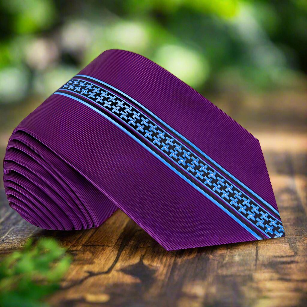Front view of the purple and blue stripe necktie on a mannequin for formal wear