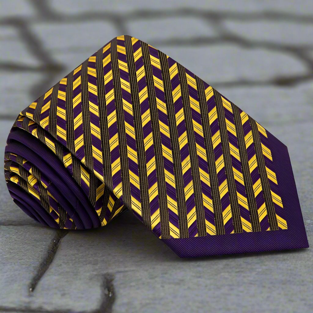 Elegant purple geometric silk necktie displayed on a white background, showcasing its intricate design and vibrant colors.