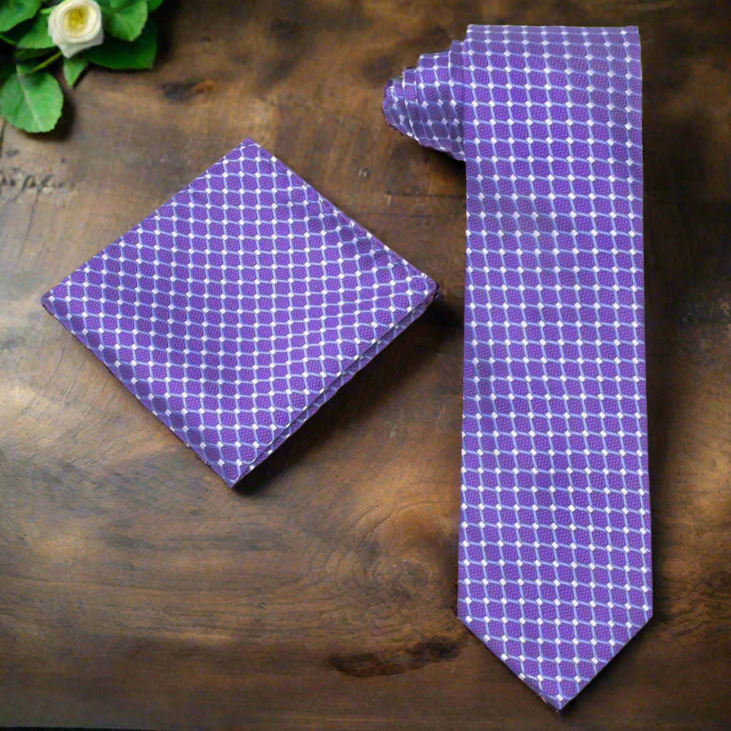 Model wearing a purple geometric silk necktie with a white dress shirt for a polished look