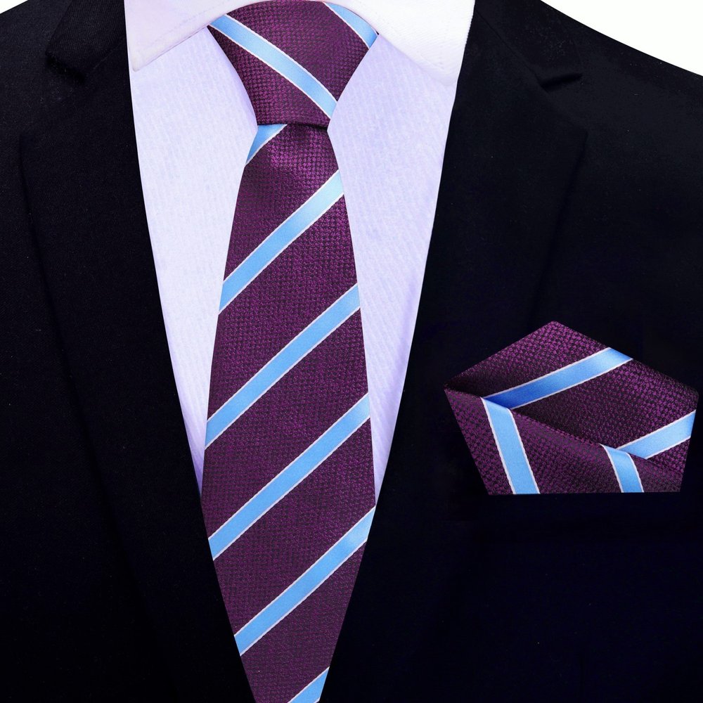 Close-up of the Cedar Park neckties silk texture and deep purple, light blue stripes.