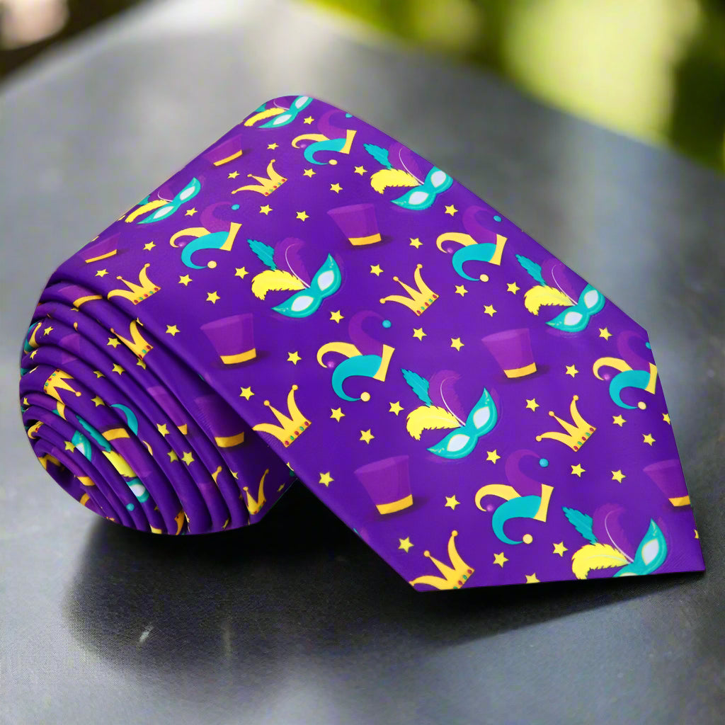 Man wearing Mardi Gras necktie with pocket square at celebration party