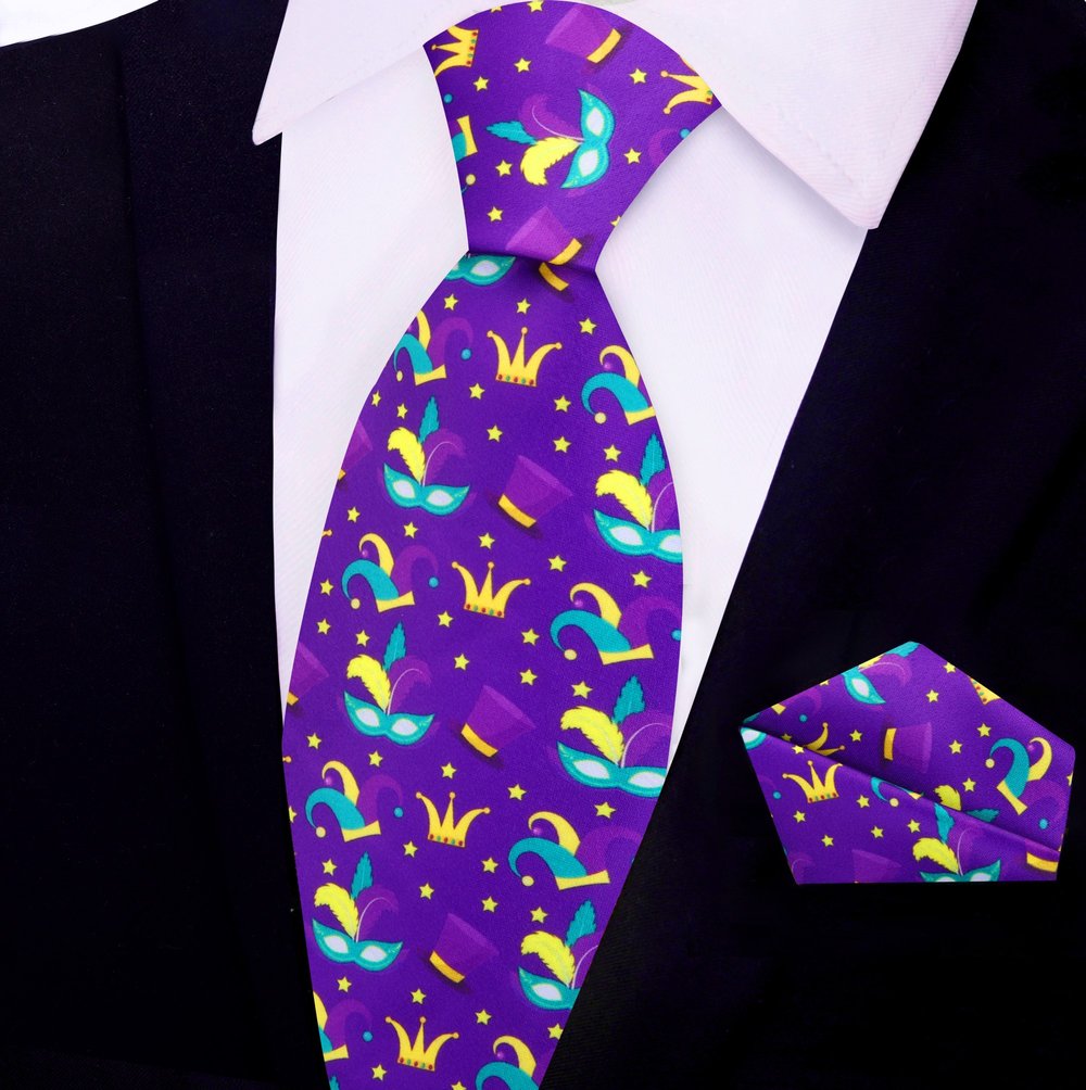 Man wearing Mardi Gras necktie with pocket square at celebration party