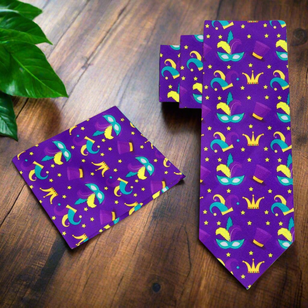 Close-up of Mardi Gras tie with colorful masks and hats for festive events